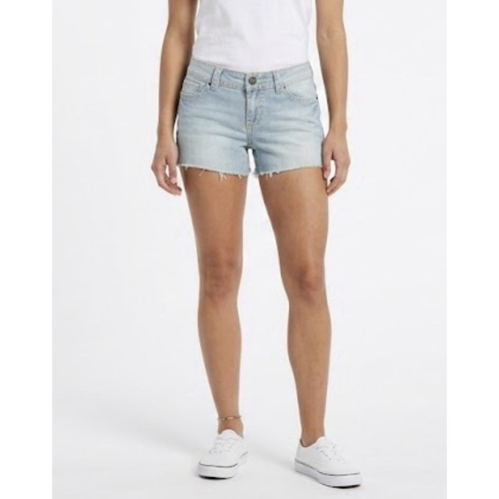 Mudd Jean Shorts 7 Women Blue Light Wash Cut Off Booty Fringe Y2K